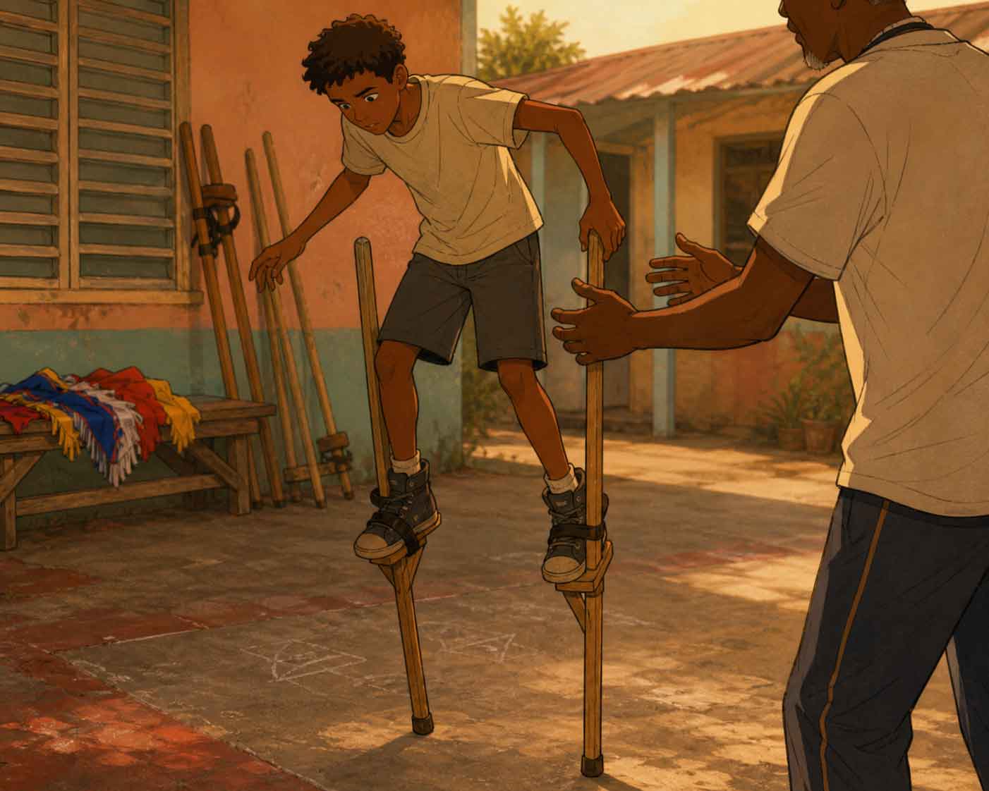 Balancing practice in a sunny courtyard